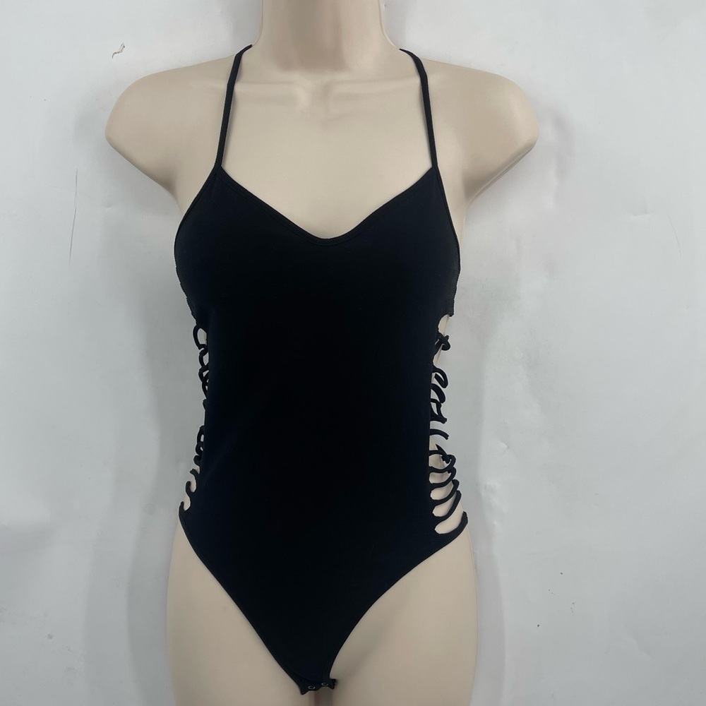 BEBE Black Seamless Bodysuit Cut Out Sides Size Small - Picture 2 of 7